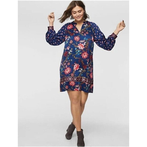 LOFT Wildflower Shift Dress Blue Floral Cuffed Balloon Sleeve Women's Sz MP - Picture 1 of 10